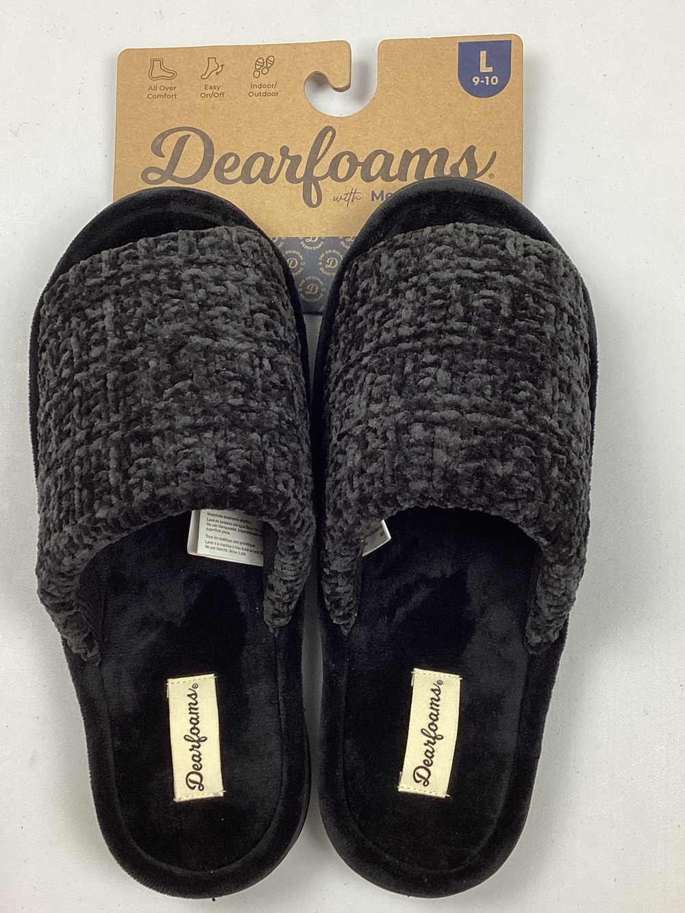 Dearfoams Black Chenille Memory Foam Open Toe Slide Slippers Size Large 9/10 NEW